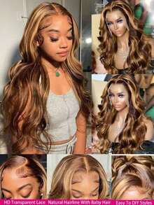 Peluca frontal de encaje de 28 pulgadas con cabello humano, densidad de 200, onda corporal, peluca frontal de encaje, cabello mezclado, frontal de encaje HD 13x4 con nudos decolorados, todo listo para usar, cierre 4/27 rubio miel, peluca sin pegamento para mujeres - S4/27 - Ver 6