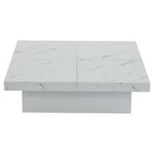 Modern White Square Coffee Table With Marble Look, 90 X 90 X 25 Cm – Old Drawers, Sliding Tabletop, Load Capacity Up To 30 Kg - White - View 8