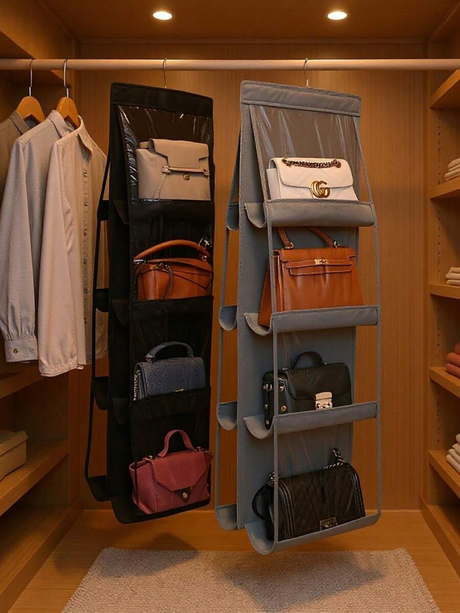 1个装 6/8口袋 悬挂式钱包手提包收纳架 透明悬挂式置物袋 收纳袋 钱包袋 衣柜 壁橱 节省空间整理架 - 彩色 - 查看 1