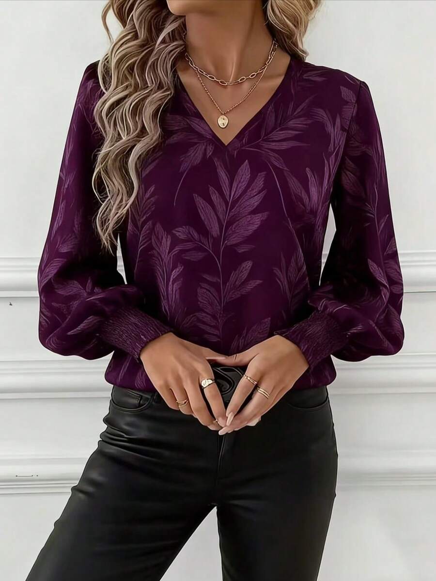 女士优雅树叶印花V领长袖衬衫，适合春秋季假期休闲和正式场合穿着 - 紫色 - 查看 1