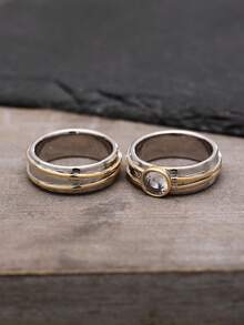 2件套时尚立方氧化锆戒指套装，女士婚礼订婚周年纪念派对戒指首饰，情人节礼物 - 彩色 - 查看 6