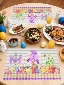 1pc/2pcs/4pcs Colorful Easter Bunny & Floral Checkered Print Placemat, Charming Cottage-Style Polyester Rectangle Table Mat With Bright Flower Ornaments & Bunny Ear Design – Easy-Clean Non-Slip Table Pad For Easter Festivities, Adult Birthday Dinners, Spring Outdoor Meals & Daily Home Use, Great Gift For Friends - Multicolor - View 4