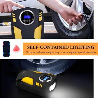 SUITU Digital däcktrycksmätare för luftkompressor - svart och gul, tvåfärgad design | Cykeldäckpump | Digital display | 12V DC bildäckspump | Förinställt däcktryck och automatisk avstängning | Belysningsfunktion | Universell typ | Batteri ingår ej (Obs: Denna produkt kräver anslutning till fordonets strömförsörjning för att fungera)