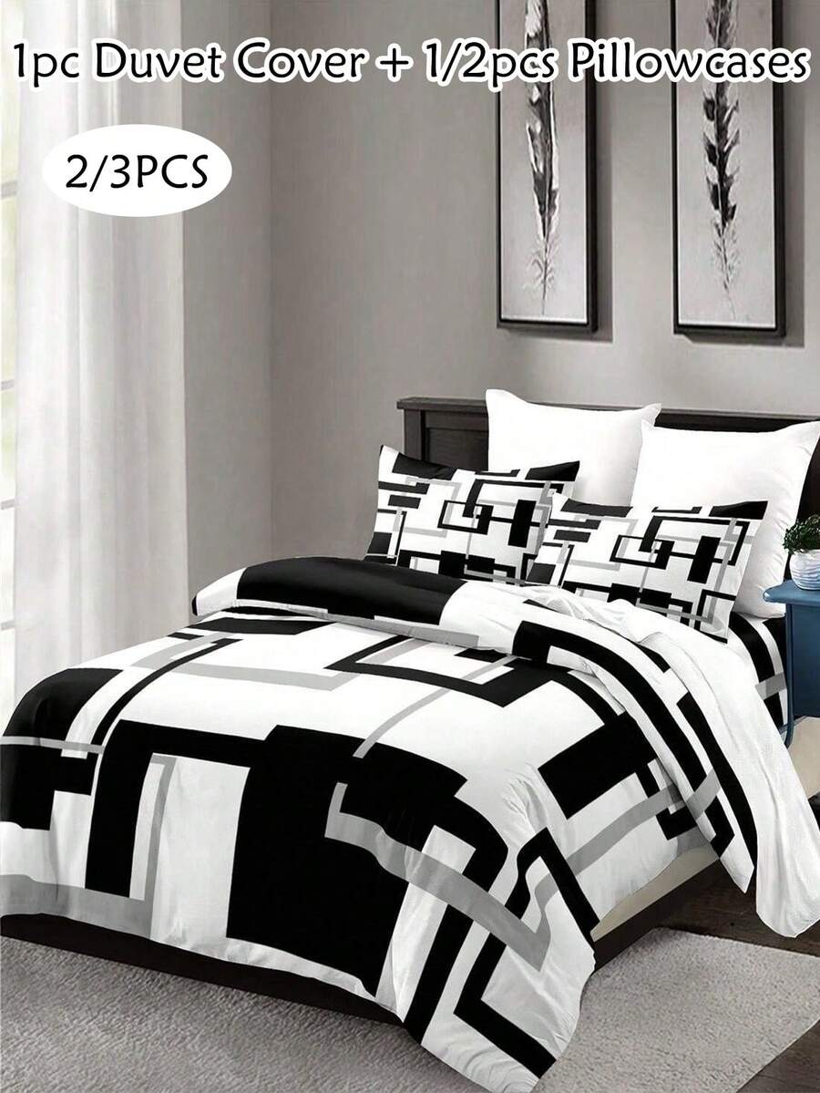 2/3pcs Geometic Pattern Digital Print Polyester Duvet Cover Set, Modern Bedding Set For All Seasons, Soft, Breathable, Machine Washable, Zipper Closure,(1 Duvet Cover+ 1/2 Pillowcases, No Filler)