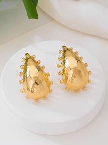 1 par de pendientes de botón con diseño exagerado de gota de agua con textura dorada para mujeres - Amarillo Oro - Ver 3