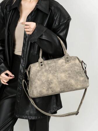 新款PU皮女士复古风手提包，时尚拉链单肩包，配可拆卸肩带，女士工作旅行两用包，灰色、黑色、绿色