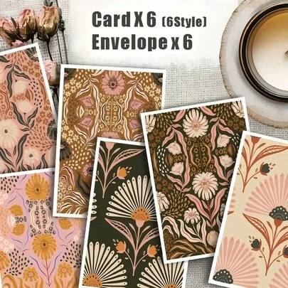 12pcs/6sets Floral Valentine's Day Greeting Card Set, Envelopes, Postcards, Party Invitations