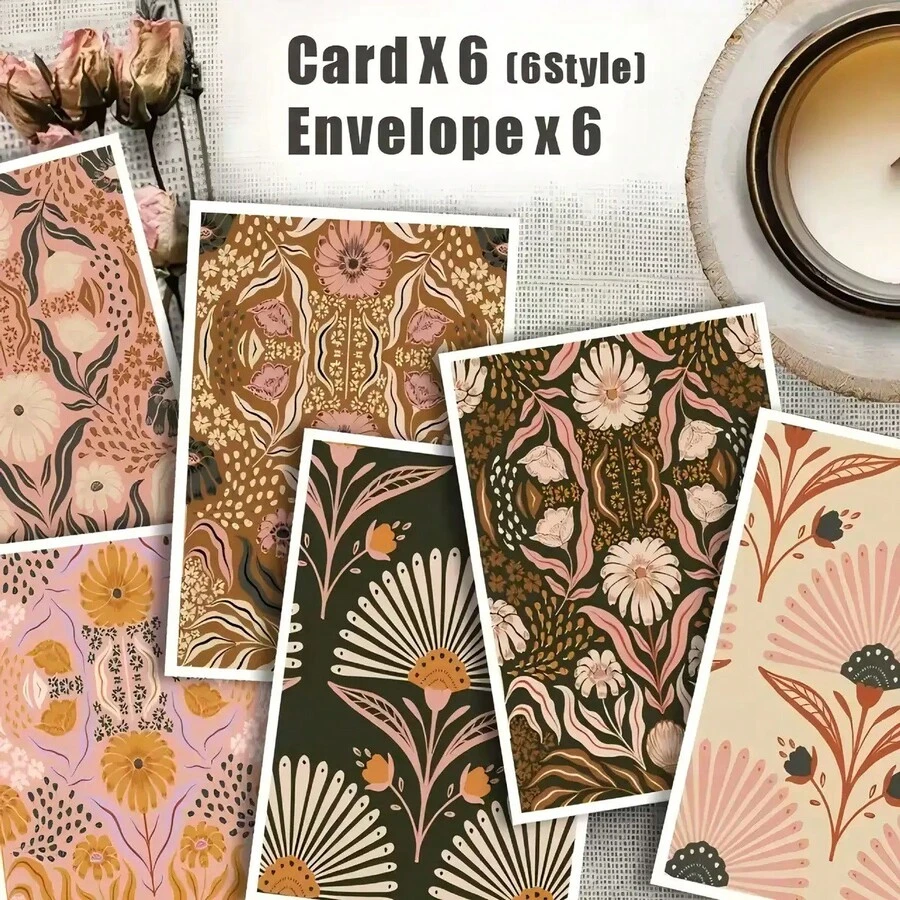 12pcs/6sets Floral Valentine's Day Greeting Card Set, Envelopes, Postcards, Party Invitations - Multicolor - View 1