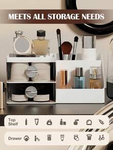 Makeup Organizer With Brush Holder And Drawers, Cosmetic Storage For Vanity, Countertop Storage Organizer Makeup Brushes Storage, Skin Care Storage, Bathroom & Bedroom Organization And Storage, White Bathroom Organizer, Bathroom Stuff, Bathroom Counter Organizer, Desk Organizers And Accessories, Bathroom Accessories, Perfume Organizer, Nail Polish Organizer, Vanity Organizer, Lipstick Organizer, Perfume Stand, Make Up Case, Makeup Holder, Make Up Organizers For Vanity, Valentines Gift - 白色 - 查看 4