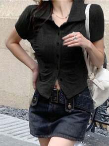 Women's Solid Color Single-Breasted Long Sleeve Ribbed Casual T-Shirt, Spring/Summer Black - Black - View 5