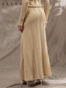 A&A Jacquard Twist Pattern Super Expansion Skirt Hemline Skirt, Old Money, Wedding Guest Skirt, Back To School, Concert Outfits For Women - Apricot - View 5