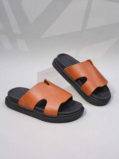 1 Pair Of Girls' Slippers, Minimalist Hollow Embellishment, Faux Leather Material, Fits The Foot Shape, Exposed Toe Low Cut, Strapless Design, Flat Heel Design, Fashionable Minimalist Style Slippers, Suitable For Home Play And Short Distance Travel