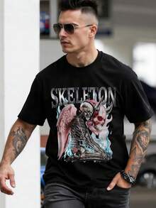 1 Piece Men Cotton Solid Color English Letter Skeleton With Wings And Skull Printed Short Sleeved Round Neck T Shirt Suitable For Daily Wear Going Out Leisure Sports School Travel Family Gatherings And Other Occasions Short Sleeved T Shirt Summer T Shirt Multiple T Shirts Can Be Given As Gifts To Family Members 2000s Y2k Style - Negro - Ver 1