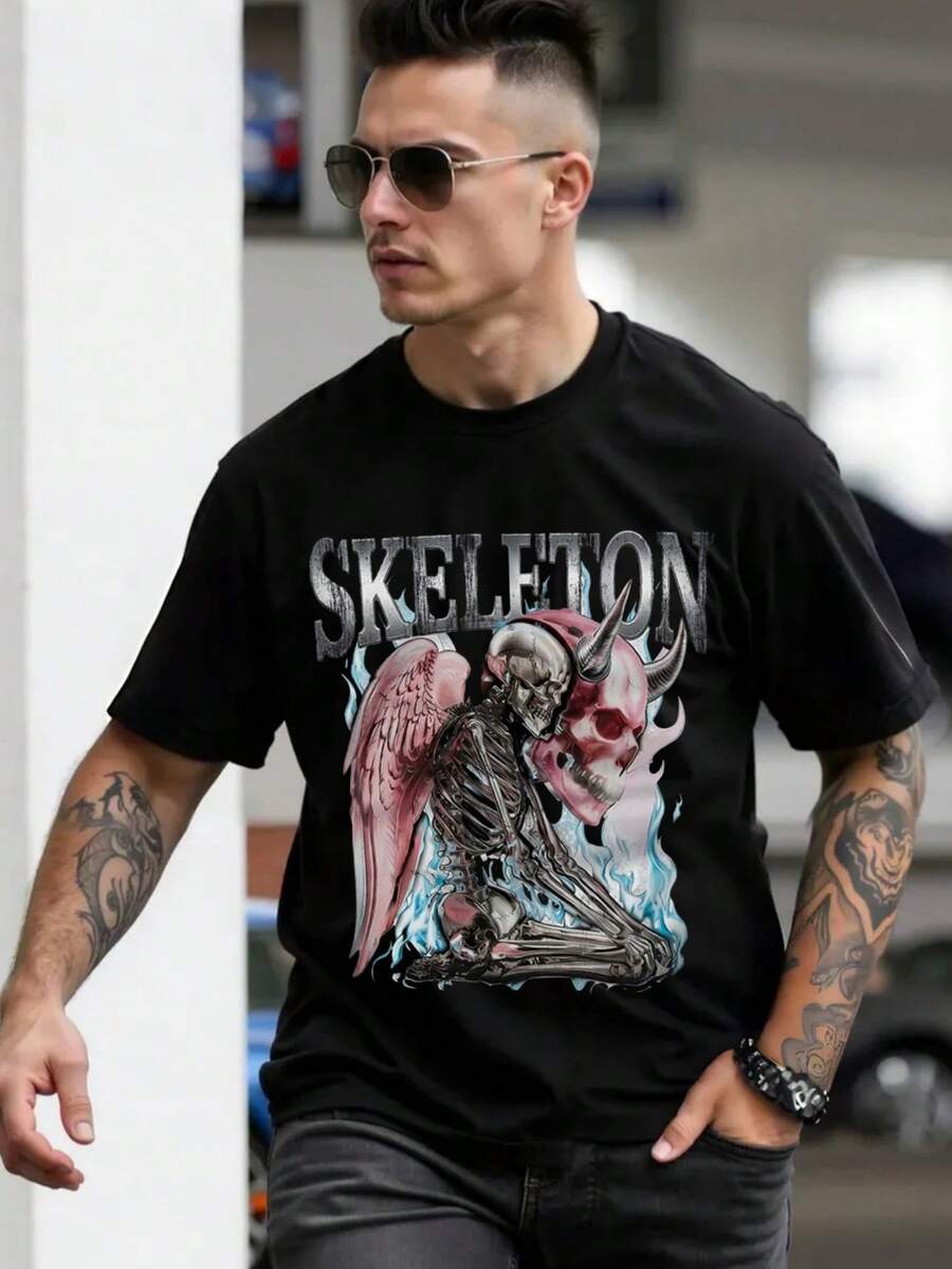 1 Piece Men Cotton Solid Color English Letter Skeleton With Wings And Skull Printed Short Sleeved Round Neck T Shirt Suitable For Daily Wear Going Out Leisure Sports School Travel Family Gatherings And Other Occasions Short Sleeved T Shirt Summer T Shirt Multiple T Shirts Can Be Given As Gifts To Family Members 2000s Y2k Style - Negro - Ver 1