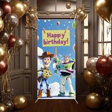 1pc Authorized Woody & Buzz Theme Party Doorframe Banner Photography Backdrop Decoration, (70.87x35.43inch) Birthday Party Hanging Decor, Theme Party Supplies For Birthday, Christmas, Valentine's Day, Wedding - 2D Flat Entrance Porch Sign Home Decor - Multicolor - View 6