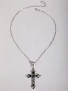 Dây chuyền mặt dây chuyền hình thánh giá phong cách Gothic tối giản cổ điển với đá quý đen và đỏ dành cho nam giới - Bạc - Xem 3