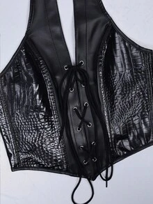 Sexy Chest-Binding Bustier, PU Leather Patchwork Crop Top Corset With Metal Eyelet Lace-Up Front, Open Back, Adjustable Straps, Women Lingerie For Valentine's Day, Clubwear - Black - View 8