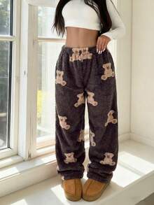 女士保暖内衬可爱小熊印花宽松阔腿裤，冬季穿着舒适保暖 - 白色 - 查看 3