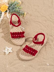 1 Pair Girls' Ruffled Rhinestone Decor Suede Non-Slip Open Toe Elastic Band Thick Sole Sweet Style Sandals, Suitable For Family Beach Travel, Kindergarten Outdoor Activities - Red - View 4