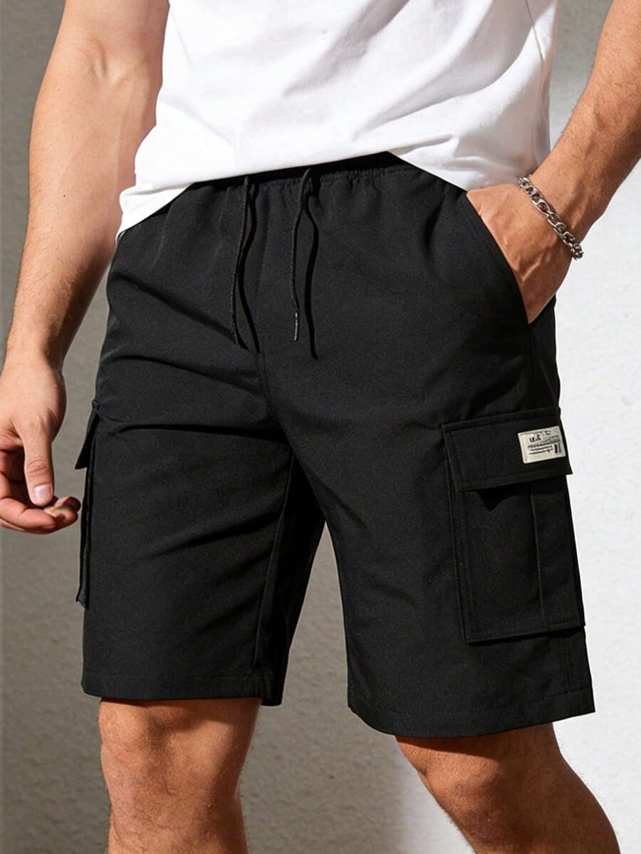 男士宽松抽绳腰带工装短裤，带翻盖口袋，黑色 - 黑色 - 查看 1