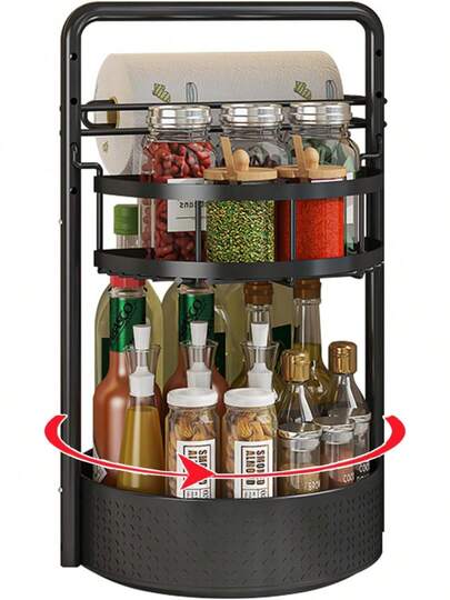 Rotating Spice Rack With Paper Towel Holder, 2 Tier Turntable Lazy Susan, Seasoning Organizer For Kitchen Countertop Cabinet, Black