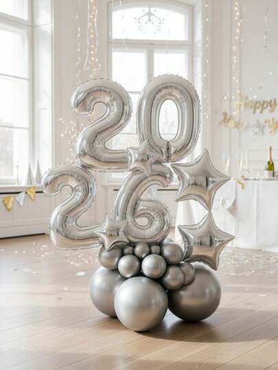 22件套新年派对装饰套装，包含1个16英寸银色“2026”数字气球、1个10英寸和1个5英寸银色星星铝箔气球、1个10英寸银色乳胶气球。适用于倒计时、生日派对装饰、房间装饰。也适用于情人节、新年和房间背景装饰。