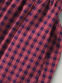 女士复古撞色格纹长袖连衣裙，宽松休闲秋季长裙 - 酒紅色 - 查看 6