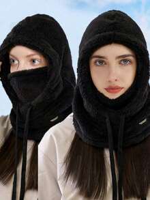 1 st unisex cykelhalsvärmare och mössa, fleece ansiktsmask, vindtät termisk skidmössa, lämplig för dagliga utflykter, skridskoåkning, skidåkning etc. - Svart fleecehuva - Visa 4