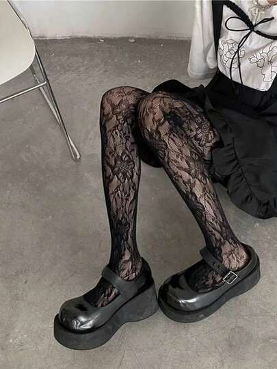 复古蕾丝渔网袜，性感镂空花卉针织薄纱不透明连裤袜，深色性感白色连裤袜