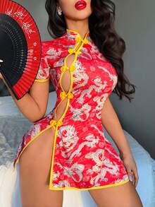 2 Pcs Sexy Lingerie Set & Stand-Up Collar Cheongsam Dress Dragon Pattern Sexy Thong Pants & High Slit With Button-Up Design Sexy Cos Lingerie Set