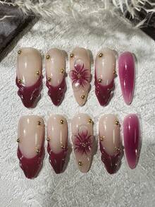 3D Manucure française faite à la main, Nail Art floral 3D, Faux-ongles en forme d'amande longue, Fournitures pour ongles pour femmes - Rose vif - Voir 2