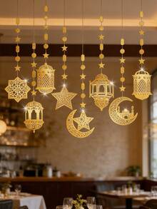 Star&Moon Hanging Decor, Six Pieces Set Star And Moon And Lantern Hanging Decor, Moon Hanging Decor, Dreamy Combination Of Moon And Stars, For Home Decor, Room Decor, And Wall Decor, Eid Al-Fitr Gift, Ramadan Home Decor, Ramadan Room Decor, Ramadan Gift, Ramadan Decorations, Ideal For Parties, Graduation Presents, Window Hanging. - Multicolor - View 3