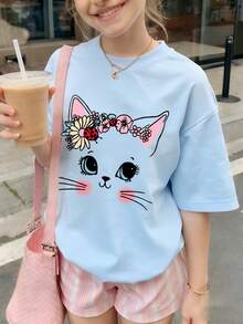 少女休闲可爱猫咪印花圆领短袖T恤，夏季上衣，适合可爱女孩日常穿着 - 淺藍色 - 查看 3