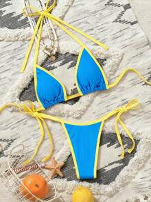 2pcs Women's Swimsuit Set, Yellow & Blue Contrast Color Tie-Up Crop Top And Tie-Side Bikini Bottom, Summer - Blue - View 5