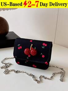 Cute Cherry Print Mini Square Bag, Cute Sweet Mini Lipstick Bag Chain Crossbody,Headphone Bag,Cute Flap-Over Crossbody Purse With Detachable Metal Chain Strap, Small Shoulder Bag For Travel, Parties & Daily Outings, Fits Keys, Lipstick & Coins In Black, Pink, White & Blue[US Local Warehouse]The Best Gift Choice, Birthday Gift, Christmas Gift - 彩色 - 查看 12