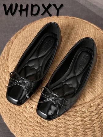 WHDXY Women's Black Patent Leather Square Toe Ballet Shoes, Bow Decor Slip-On Shoes, Casual & Versatile, Comfortable For Commuting
