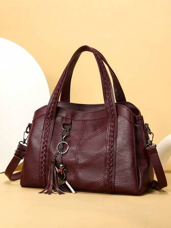 New PU Leather Women's Handbag, Retro Style, Tassel Decor, Fashion Zipper Shoulder Bag With Detachable Strap, Suitable For Work And Travel