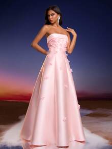 Vestido maxi con espalda descubierta, corpiño de satén lujoso con estampado floral de Anymoon, adecuado para graduación, baile de graduación, dama de honor, gala de alta gama, fiesta de compromiso, celebración del Eid - Rosa - Ver 7