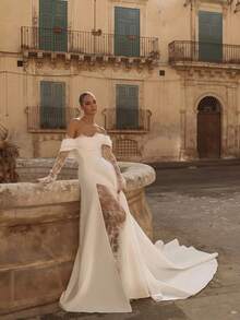 Elegant Sexy Off Shoulder High Slit Lace Long Sleeves A Line Satin Formal Bridal Dress Registration Wedding Dress For Bride,Bridal Fashion,Evening Party Dress Bridal Gowns,Romantic Church Ceremony Wedding Dress,Suitable For Wedding,Party,Singles' Party,Vacation,Bride,Formal Occasions,Dinner Dress,Prom Dress,Homecoming Dress,Cocktail Party - 白色 - 查看 5