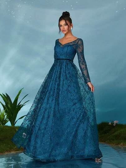 Mgiacy Peacock Blue Floral Lace V-Neck Long Sleeve A-Line Tulle Maxi Dress, Elegant Women's Summer Wedding, Ball, Evening, Party And Holiday Outfit
