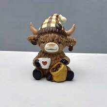 Scottish Highland Cow Statue - Hand-Painted-Look Resin Figurine With Scottish Tartan Hat & Coffee Cup, Sitting Highland Cow Collectible With Coffee Beans Decor, New Year And Valentine's Day Gift For Cow Lovers, Scottish-Themed Accent - Multicolor - View 8