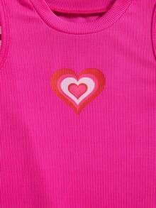 2pcs/Set Girls' Heart Print Sleeveless Ribbed Casual Dress, Outdoor - Hot Pink - View 4
