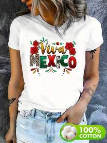 Ropa de mujer de talla grande,Camiseta casual de manga corta para mujer - VIVA MÉXICO con estampado gráfico de sombrero y maracas, tejido suave y transpirable, lavable en máquina, esencial para primavera, verano y otoño, ropa festiva con tema mexicano. - Blanco - Ver 1