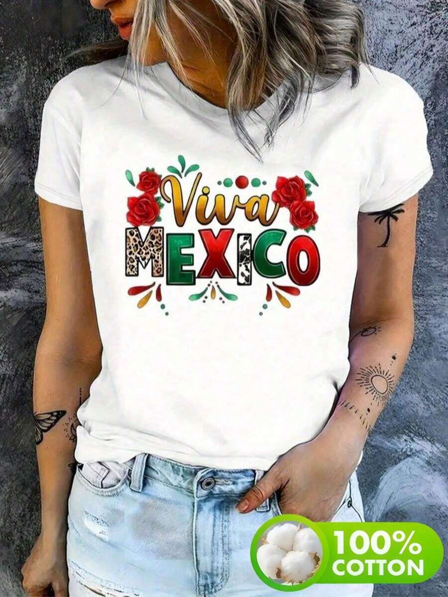 Ropa de mujer de talla grande,Camiseta casual de manga corta para mujer - VIVA MÉXICO con estampado gráfico de sombrero y maracas, tejido suave y transpirable, lavable en máquina, esencial para primavera, verano y otoño, ropa festiva con tema mexicano. - Blanco - Ver 1