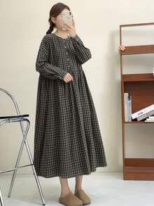 女士复古撞色格纹长袖连衣裙，宽松休闲秋季长裙