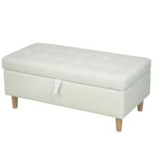 Upholstered Stool With Storage Space, Wooden Legs, Soft Fabric Cover, Cream White - White - View 3