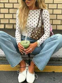 SHEIN x Luisa Sonza Women's Polka Dot Mesh Long Sleeve Tee, Fall Winter Slim Fit Casual Top - White - View 6