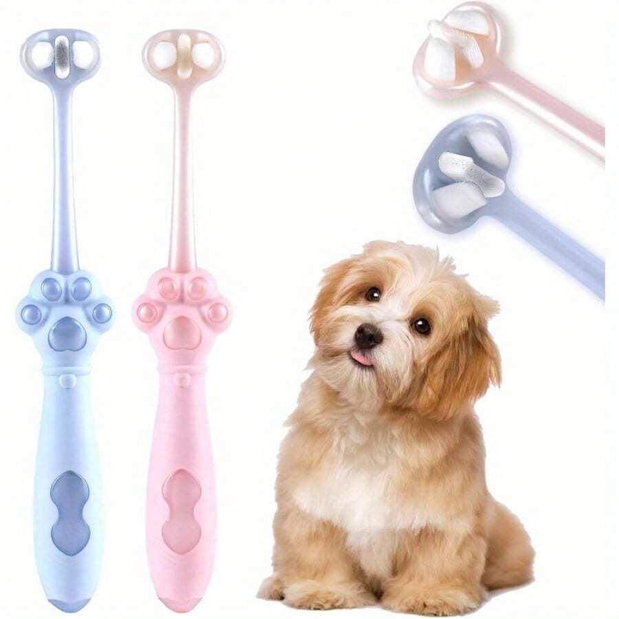 New 3-Sided Toothbrush For Small & Medium Dogs - Soft Nylon Bristles, Gentle Dental Care, Prevents Plaque & Tartar, Sturdy Handle, Blue & Pink Colors, Suitable For Puppies & Adult Dogs, Dental Cleaning & Grooming Tool. - Multicolor - View 1