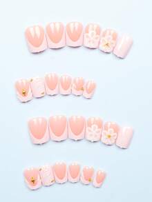 24片短方形美甲贴纸，简约白色法式3D花卉、贝壳、海星、白色仿珍珠美甲贴花，可爱优雅的美甲装饰套装，适合日常佩戴和派对（包含：1瓶果冻胶和1个指甲锉）美甲用品 - 彩色 - 查看 3