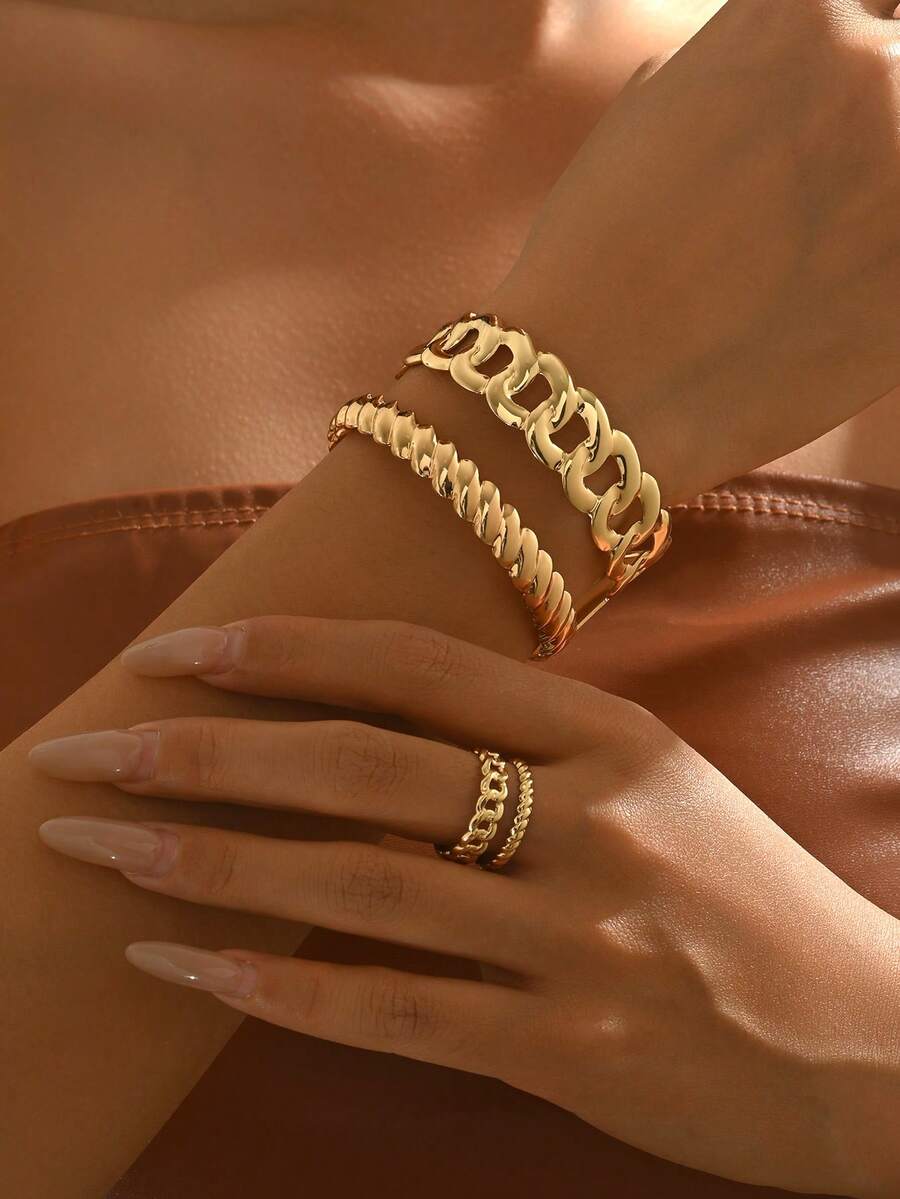 2pcs/Set European & American Style Open Bangle & Ring Set For Women - Multicolor - View 1